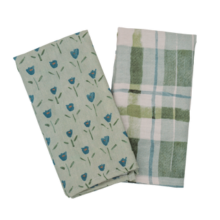 Tea Towel Set, "Painterly Plaid, Meadow Green" and "Flower Cheer"