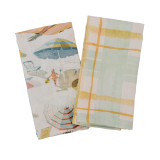 Tea Towel Set, "Painterly Plaid, Mint" and "Umbrella Blooms"